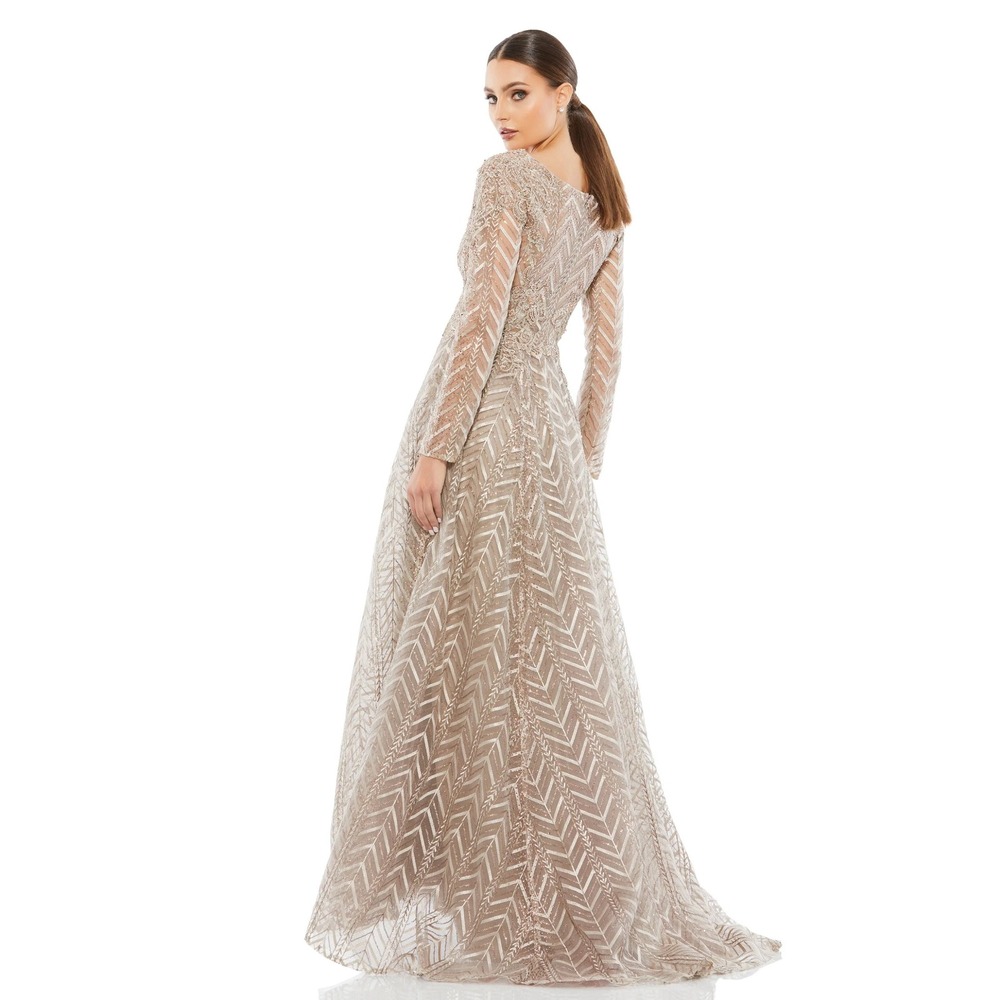 Mac Duggal Chevron Sequin Lace Long Sleeve Gown Taupe Gold Formal A Line size 16 - Picture 3 of 16